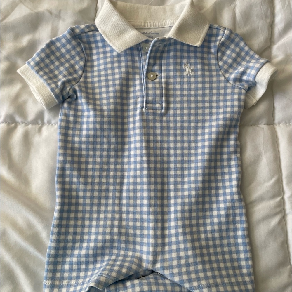 Baby Boy Polo Ralph Lauren Blue Gingham short romper 3M